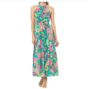 Tahari Green Multicolored Floral Pink Yellow Tiered Maxi Dress 4 Small